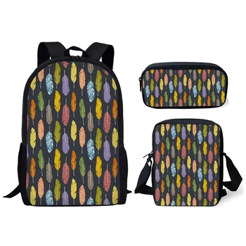 

Colorful Feather Printing School Bag Sets Brand Design Zipper Large Shoulder Bags Student Casual Bookbags Mochila