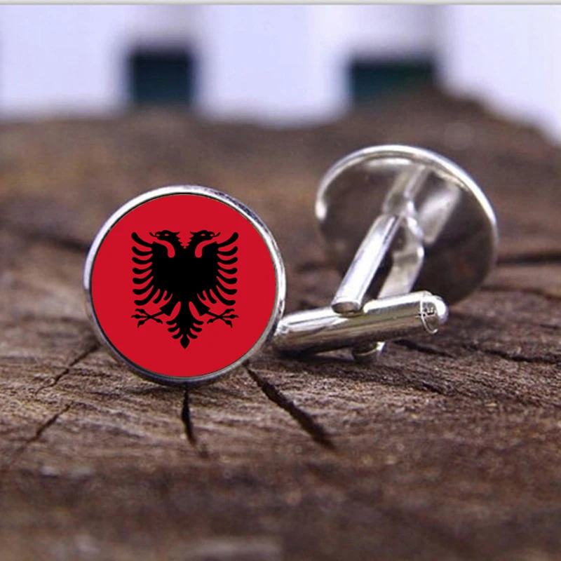 

SUTEYI 2017 Fashion Jewelry Albanian national flag Cufflinks Silver Background Wedding Headpiece Vintage Men's 18 mm Cuff Link