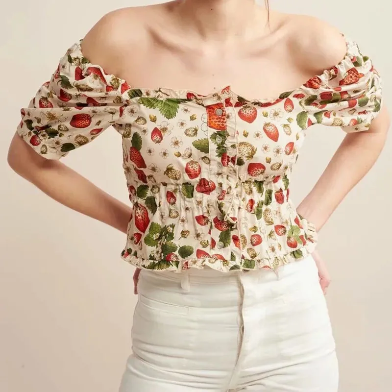 

Strawberry Print Sexy Square Neck Short Sleeve Blouse Slash Neck Shirt Women Button Crop Tops Summer Slim Tops