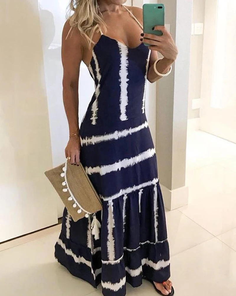 

2019 Sexy Women Spaghetti Strap V-Neck Sleeveless Dress Elegant Print Loose Hem Party Maxi Dress