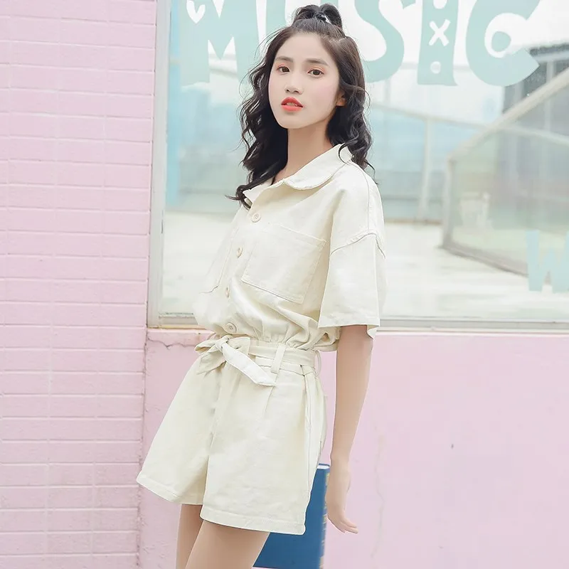 2018 Korea Women Turn-down Collar Short Sleeve Denim Jumpsuit Summer Female Lace Up Bow Overalls Casual Romper Jumpsuits and Playsuits