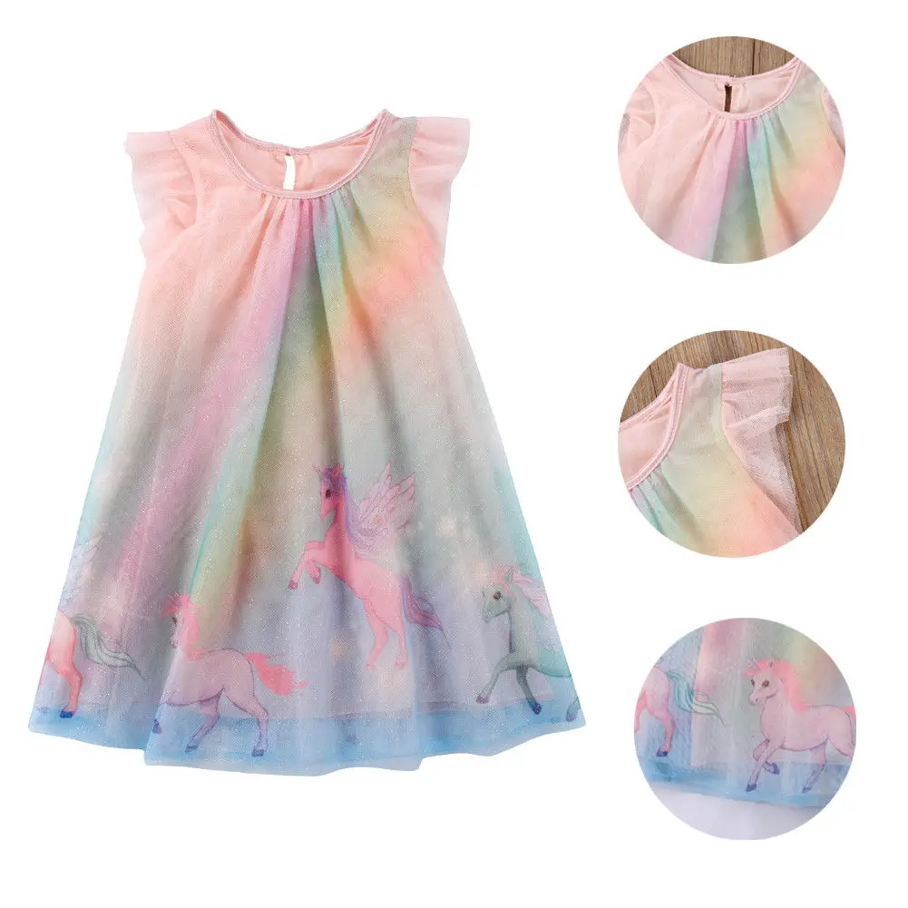 Emmaaby/Новейшая модная одежда для маленьких девочек; разноцветное платье принцессы с рисунком радуги и лошади; сарафан из тюля без рукавов