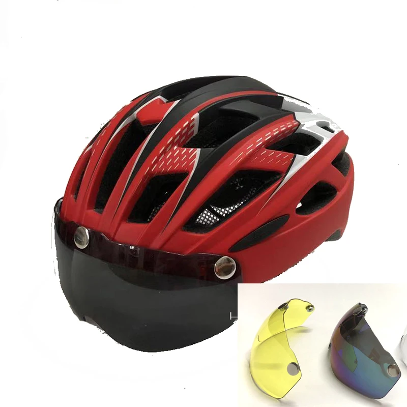 Велосипедный шлем линзы солнцезащитные очки козырек велосипедный шлем casco ciclismo capacete da bicicleta bici Mtb горный велосипед шлем 58-61 см - Цвет: red in 3lens