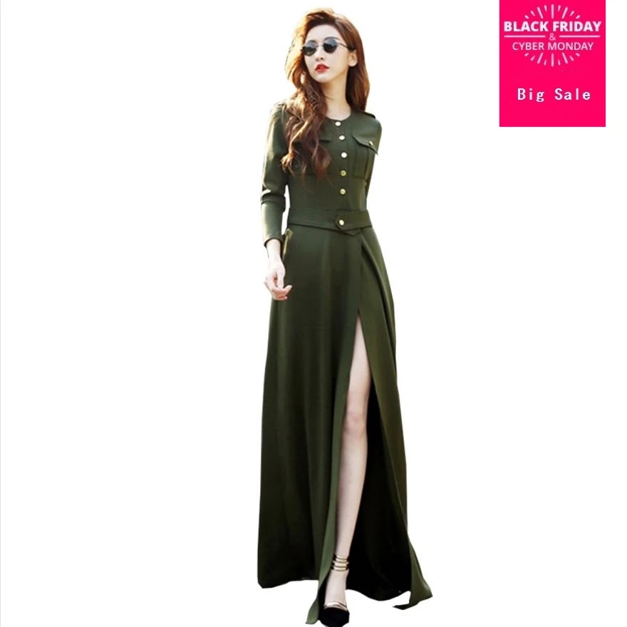 

2018 autumn winter fashion new split vintage long dress female high waist slim was thin o-neck button women tops dress L1111