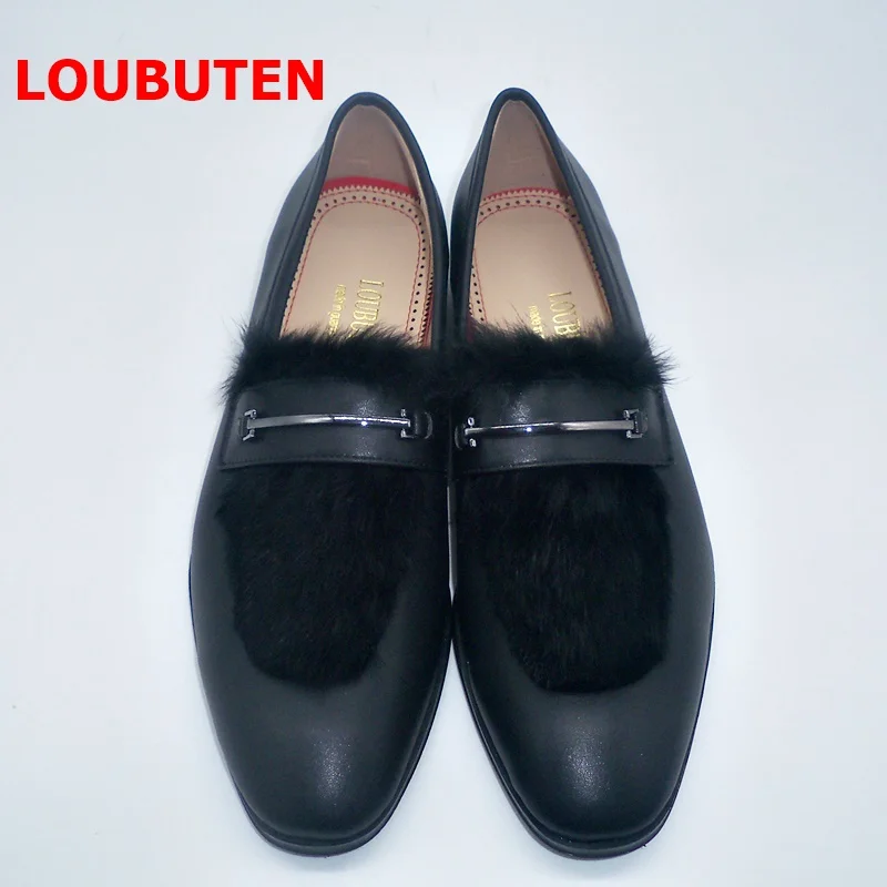 LOUBUTEN/Новое поступление, мужские черные лоферы,, кожаная обувь без шнуровки Мужские модельные туфли с мехом, дизайнерская мужская обувь ручной работы