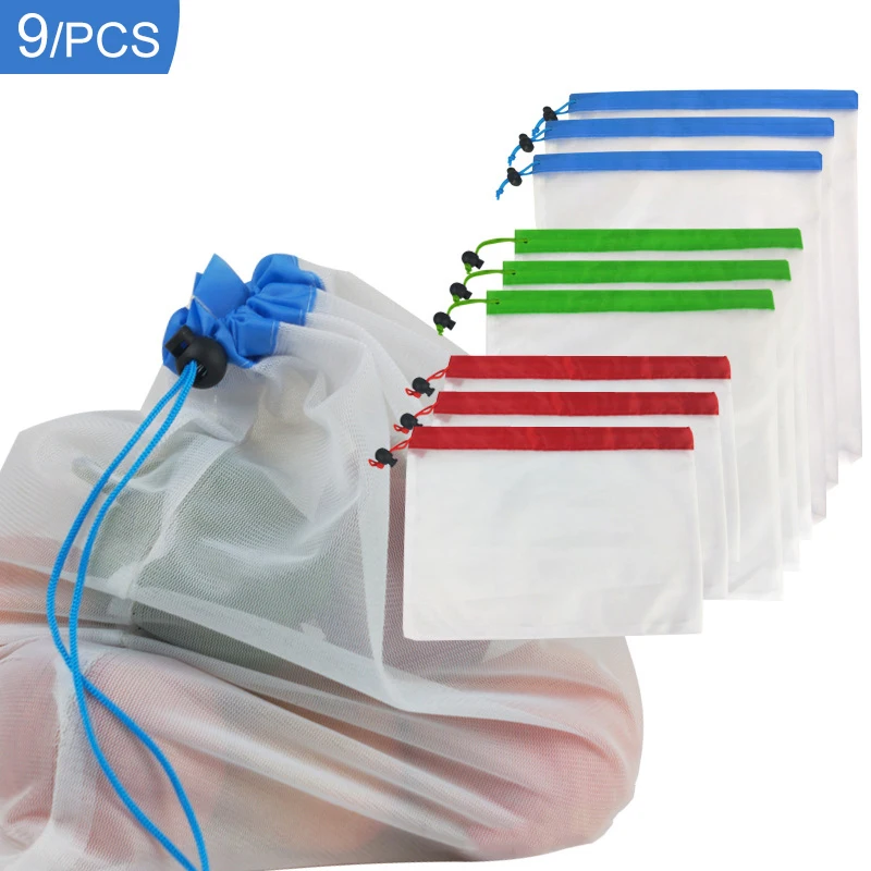 

9Pcs/Set Market Net Bag Washable Mesh Ecological Reusable Bags Kitchen Vegetable Fruit Storage Sack Bag Modern organizers Items