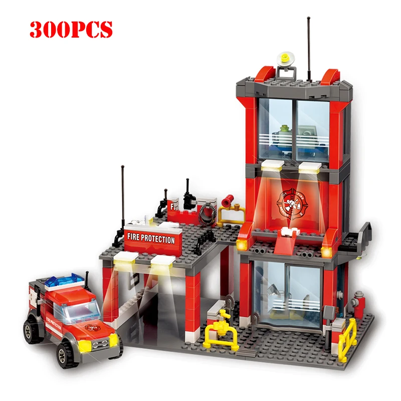

City Construction Fire Station Firefighters Rescue Vehicle Fire Truck Building Blocks Compatible Legoing Police Brick Child Toys