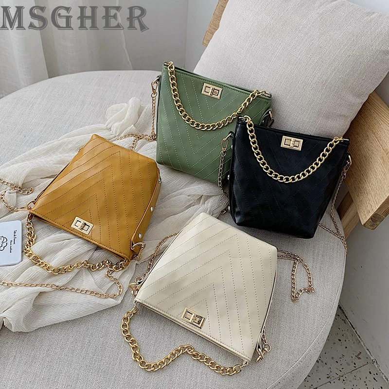 

MSGHER Bucket Handbags Women Fashion Embroidery Lines Small Bags Female Chain Shoulder Bags PU Crossbody Bags