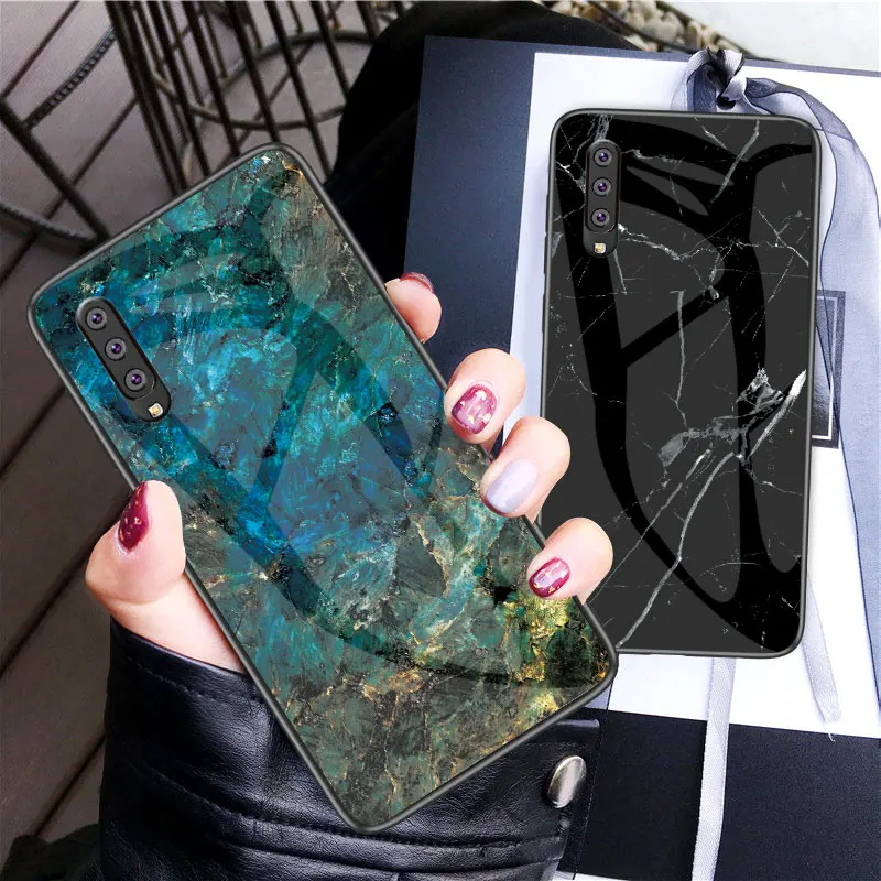 

For Samsung Galaxy A70 2019 A705 A705F Luxury Glass Marble Soft Silicone Edge Back Cover For Galaxy A50 A 50 SM-A505F A505 Cover