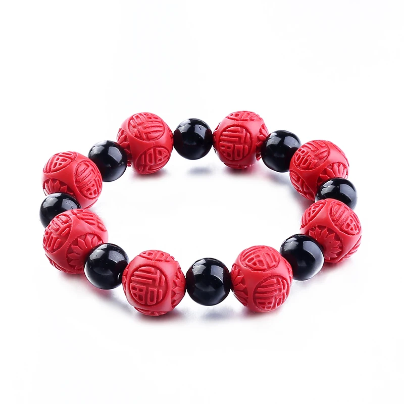 

Lucky red cinnabar round beaded bracelet cylinder ball black beads bracelets