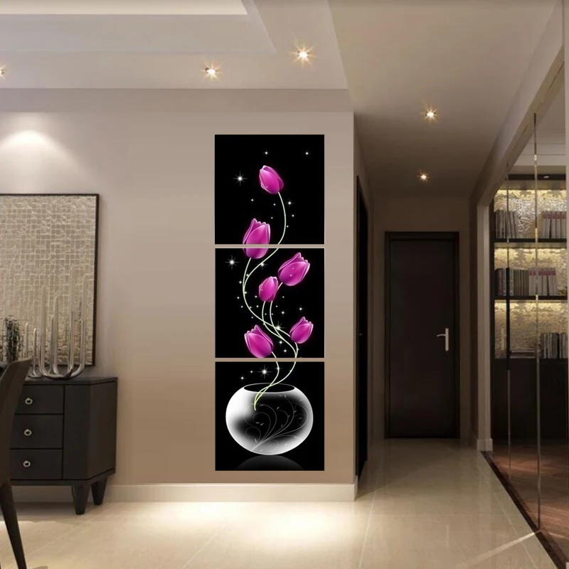 Unframed 3 PCS Vase with Rose Red Tulip Flowers Elegant Canvas art Material Corridor Vertical Version Home Decor Wall Painting | Дом и сад