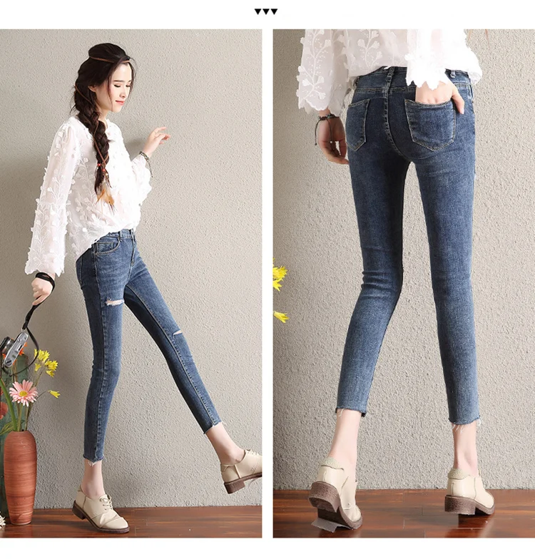 CTRLCITY осень Стиль Белый рваные джинсы Для женщин Джеггинсы классные джинсовые высокие брюки с высокой талией Капри женские узкие черные