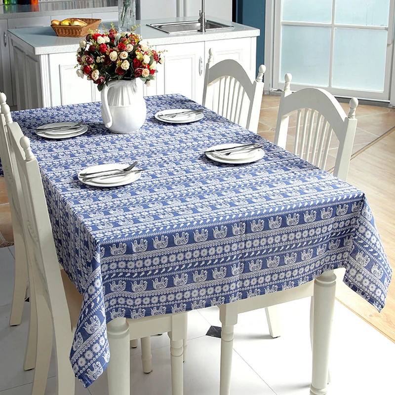 

Table Cloth Home Decoration Linen Bohemian Style Mantel Mesa Waterproof Oil-proof Circle Mantel Blue Elephant Print Tablecloth