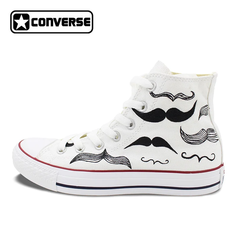 

White Sneakers Men Women Converse All Star Custom Beard Moustache Original Design Hand Painted Canvas Skateboarding Shoes