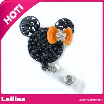 

Black Rhinestone Orange Bow Minnie Mouse Head Retractable Black Badge Reel/ID Badge Holder/Brooch/Pendant/Id Badge Holder