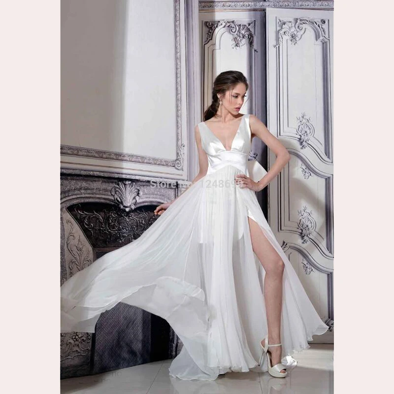 2015 Sexy Side Split Deep V Neck Chiffon Wedding Dresses Unique Back