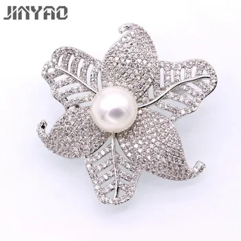 

JINYAO White Gold Color Cubic Zircon Pearl Brooches For Women Fashion Wedding Dress Flower Pin Accessories