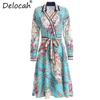 

Delocah New Runway Fashion Summer Dresses Women's Long Sleeve Floral Print Bow Tie High Waist Elegant Vintage Party Midi Dresses