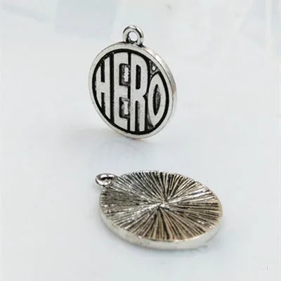

2016 popular 20 Pieces/Lot diameter 20mm Antique Silver Plated metal round charm words Hero charm For Jewelry Making