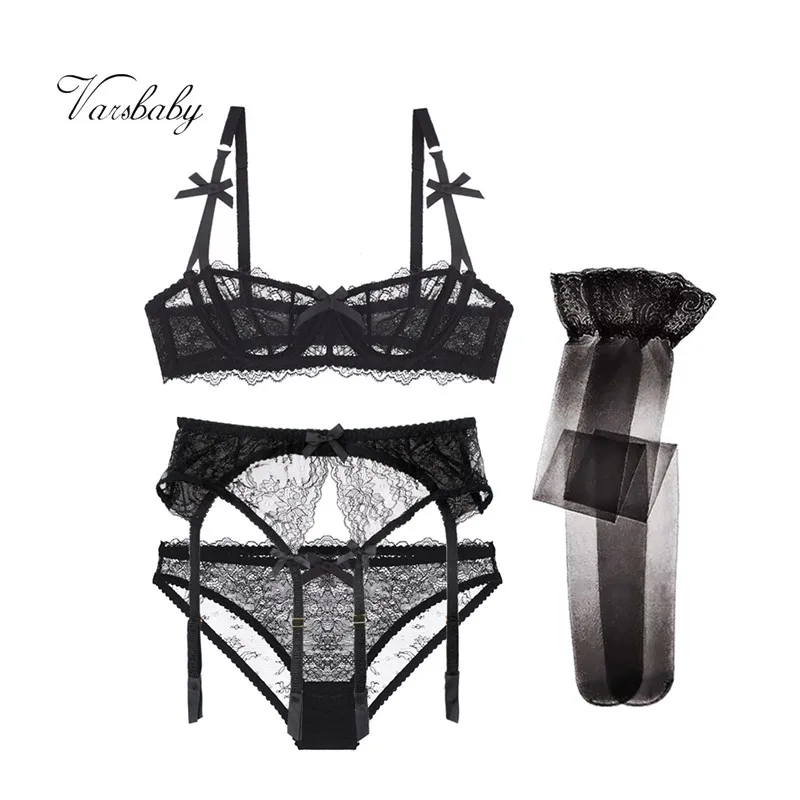 

Varsbaby sexy lace transparent unlined half cup bra sets bra+panties+garters+stockings 4 pcs