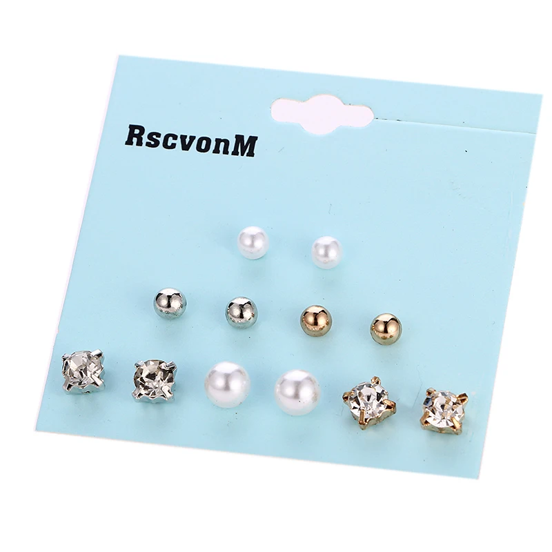 

New 6Pairs/set Crystal Simulated Pearl Stud Earrings Piercing Gold Color Fashion Earrings For Women Bijoux Jewelry Brincos