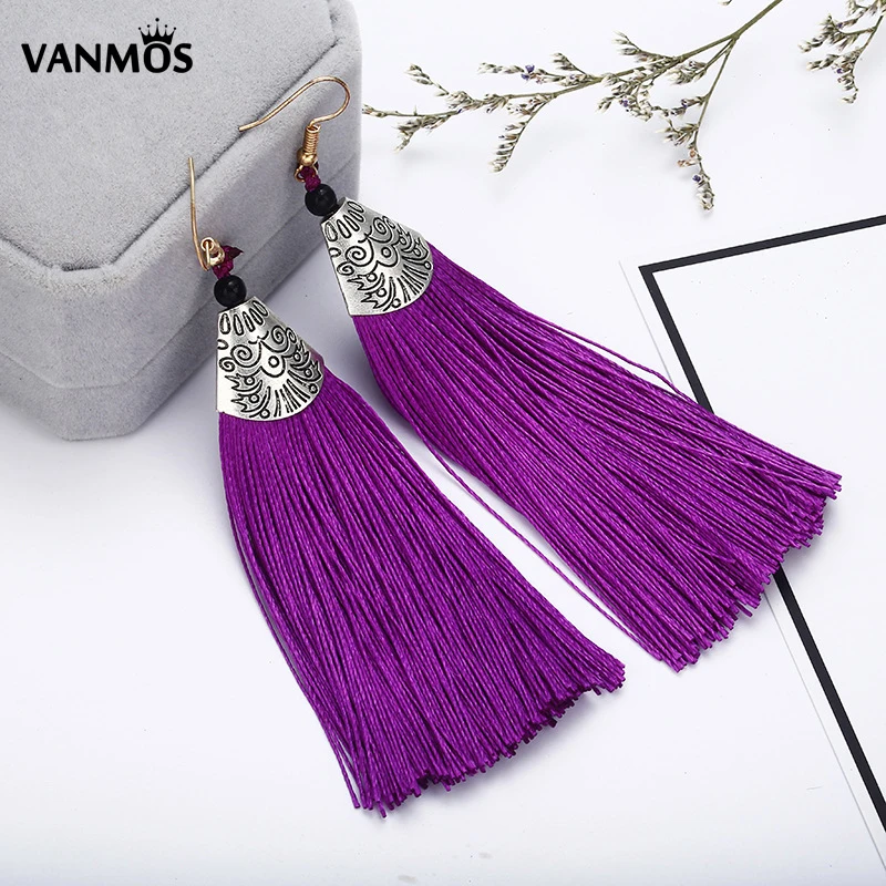 

Vanmos Vintage Silver Color Tassel Earrings Carved Ethnic Style Pattern Fashion Drop Dangle Earrings Fringed Wedding Ear Jewelry