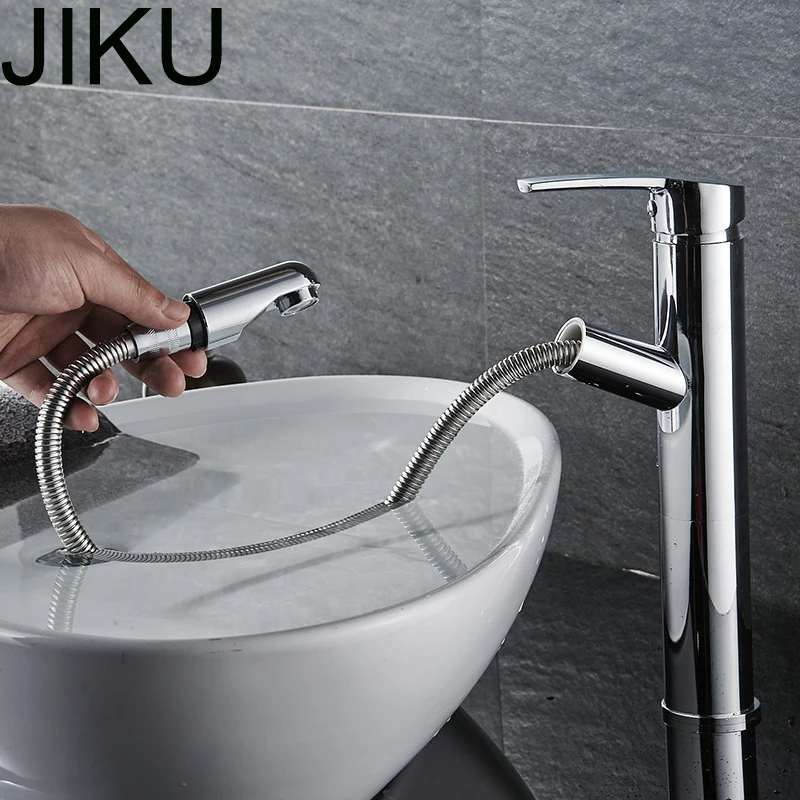 

JIKU Bathroom Faucet Deck Mounted Pull Out Faucets Single Hole Basin Faucet Brass Material Basin Mixer Tap Water Torneira