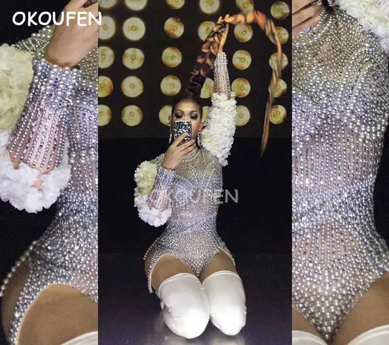 

Nightclub female singer stage costume full diamond pearl rhinestones sleeves tight stretch tights party show costumes