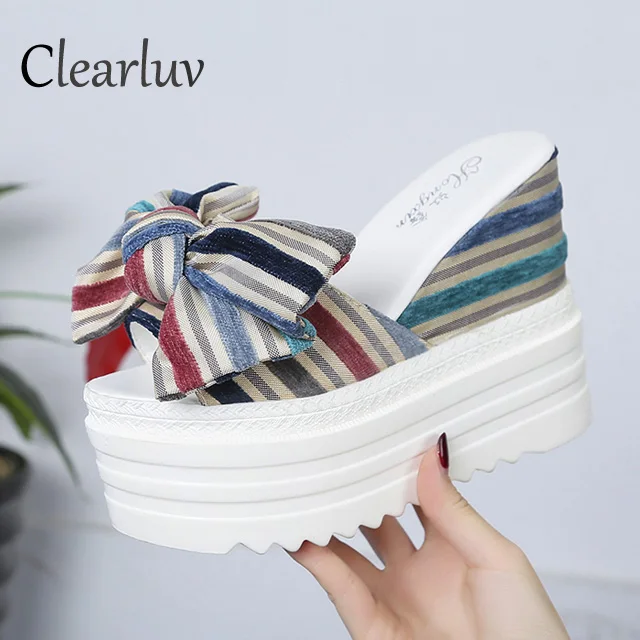 

2019 summer wedge sandals thick bottom non-slip fish mouth slippers bow word drag 12cm high heel sandals Banquet women's shoes