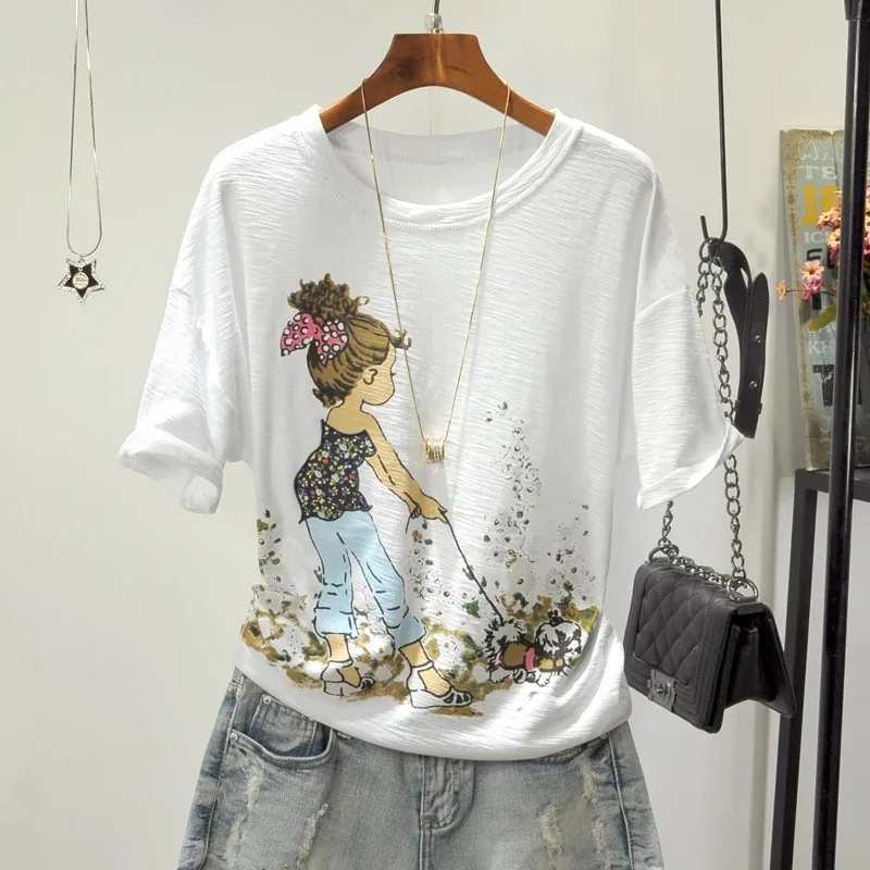 

Pure Cotton Cute Printed T Shirt Women 2019 Summer Korean O-Neck Short Sleeve Woman Tshirt Tops Streetwear tee shirt femme