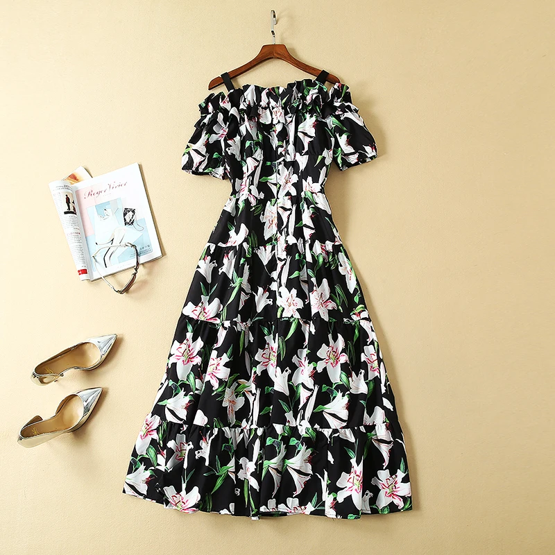 Платье с цветочным принтом для женщин 2019 Летняя мода Spagthetti ремень Slash шеи женские