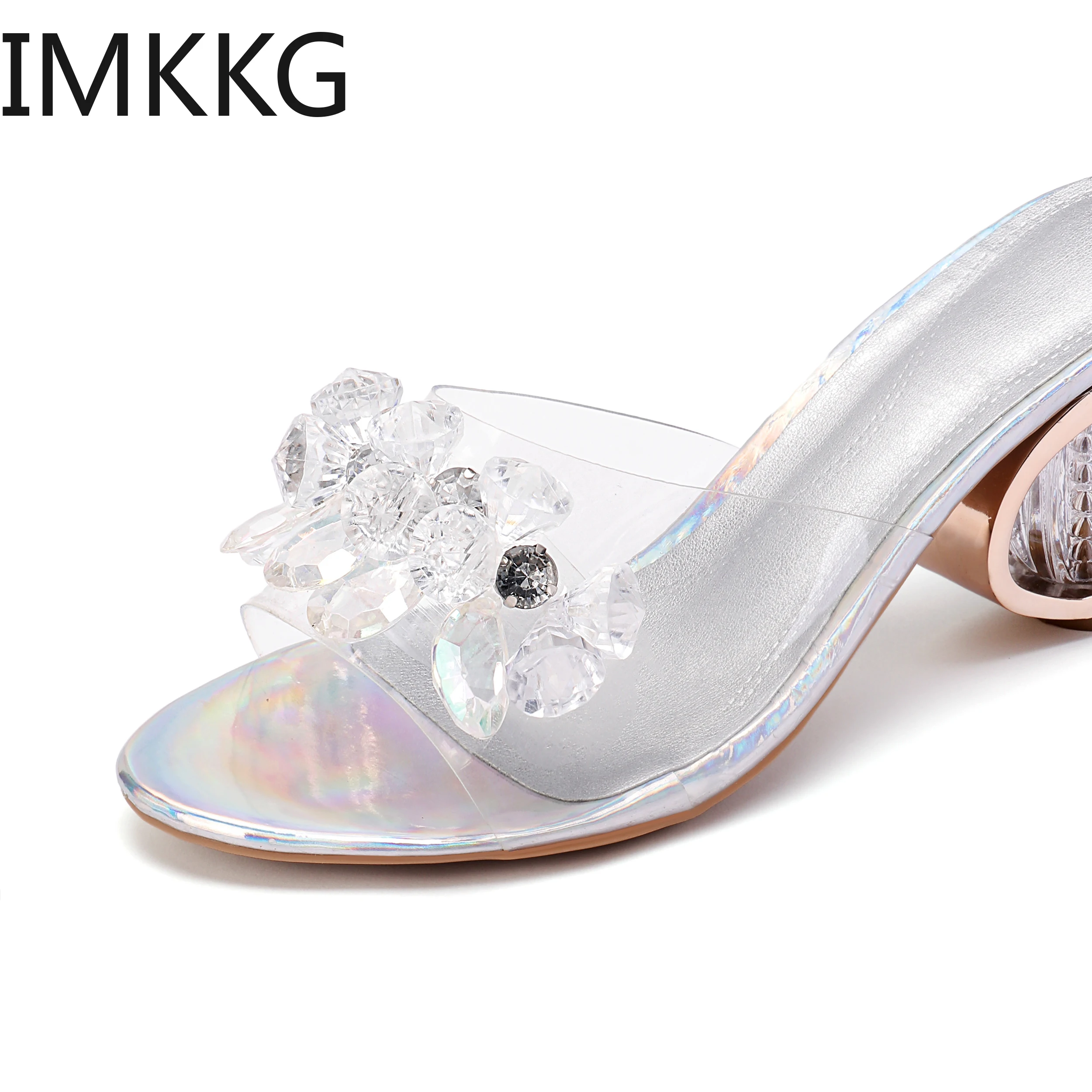 Летняя женская обувь с украшением в виде кристаллов прозрачные странный стиль каблука сандалии женская обувь на высоком каблуке; тапочки без задника; Y10045