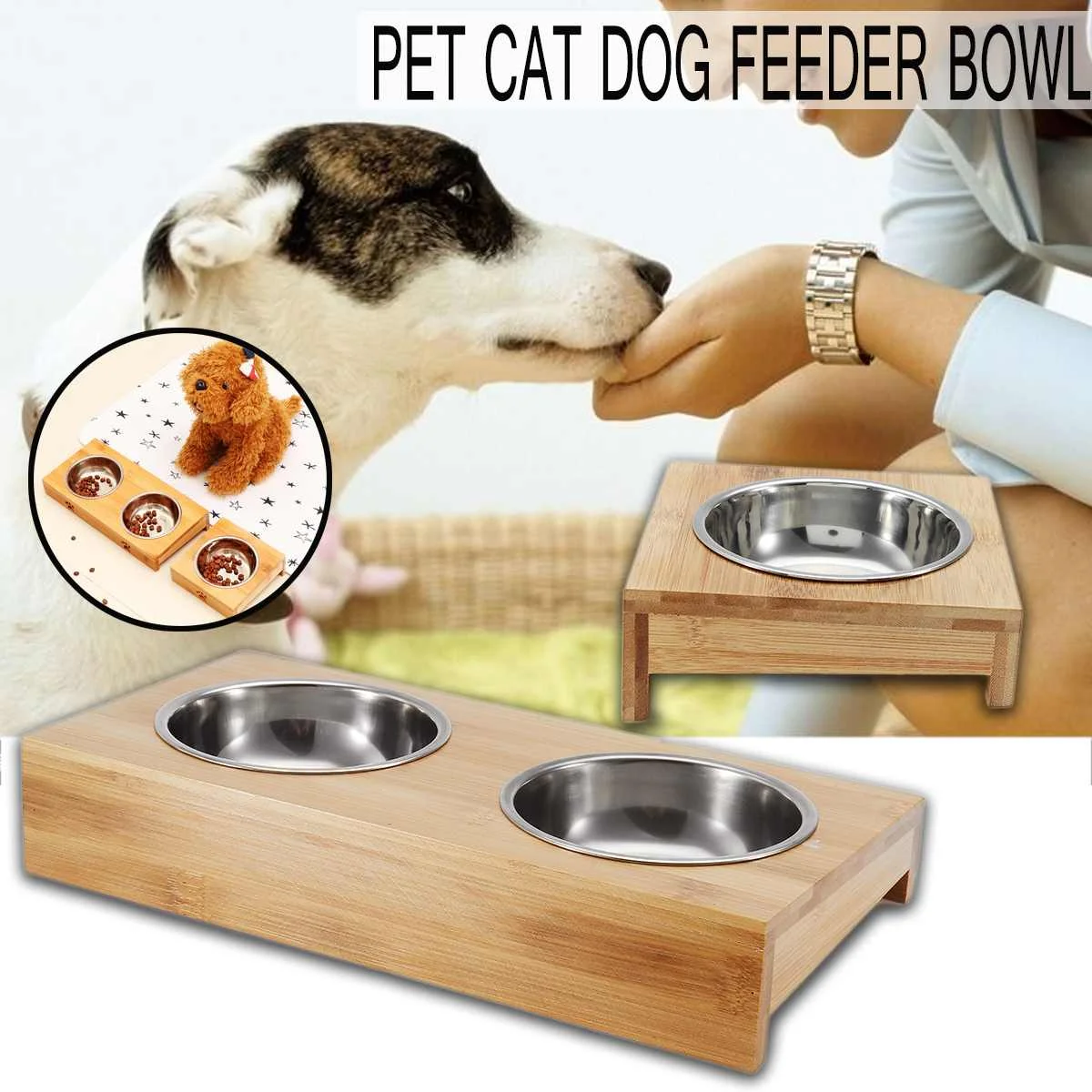 

Cat Dog Automatic Food Water Feeder Pet Bowl for Dog Cat Single/Double Pet Bowls Stain Steel Bamboo Dog Feeding Dish Pet Supply