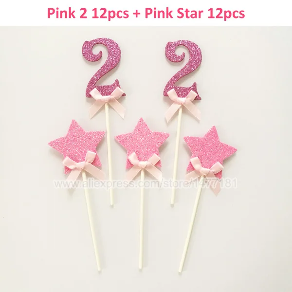 24 шт блеск номер 2 кекс Baby ребенок два года украшение для именинного торта Девочки Мальчики второй украшение для торта ко дню рождения - Цвет: Pink 2 Pink Star