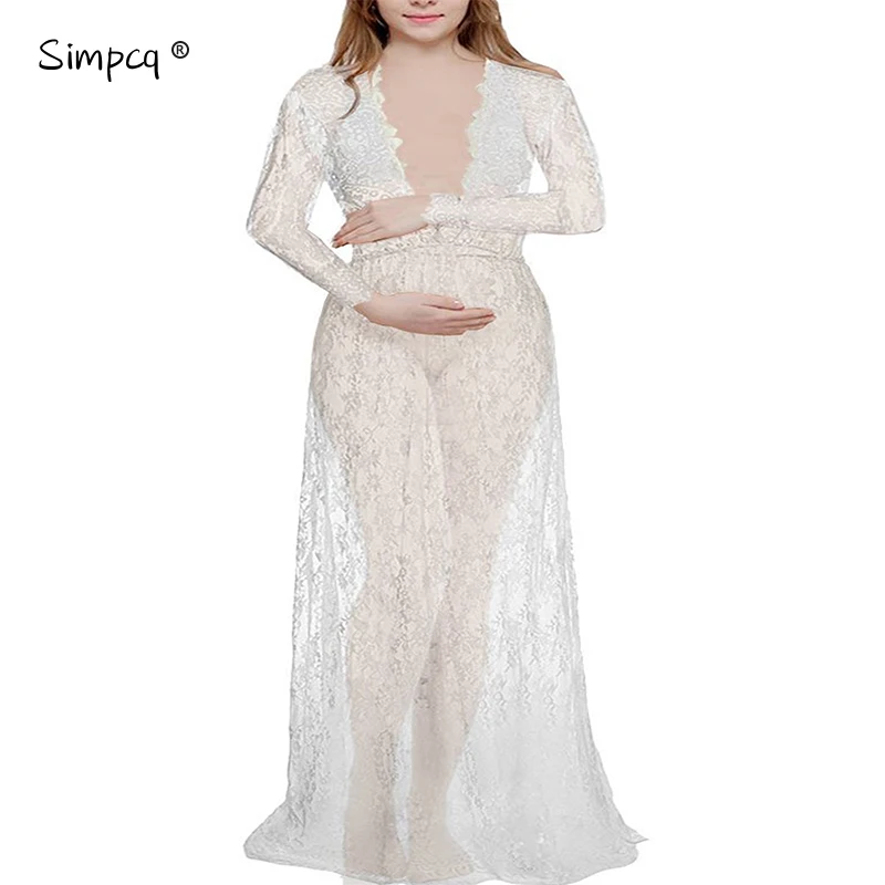 

Summer Dresses Womens Sexy Lace Embroidery Maxi Solid White Dress Long Sleeve Deep V Neck European Style Perspective Tight