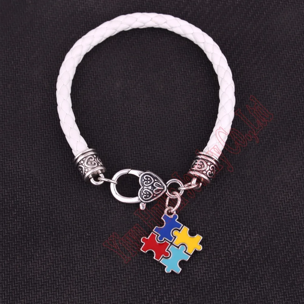 

Autism Awareness puzzle Piece Jigsaw enamel Charm with 7.8" Pure White Leather chain Lobster Claw Bracelet Autism Hope Jewelry