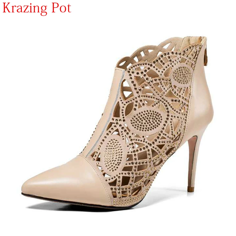 

2018 Fashion Cow Leather Bling Diamond Crystal Hollow Zipper Summer Boots High Heels Nightclub Pointed Toe Ankle Strap Shoe L0f1