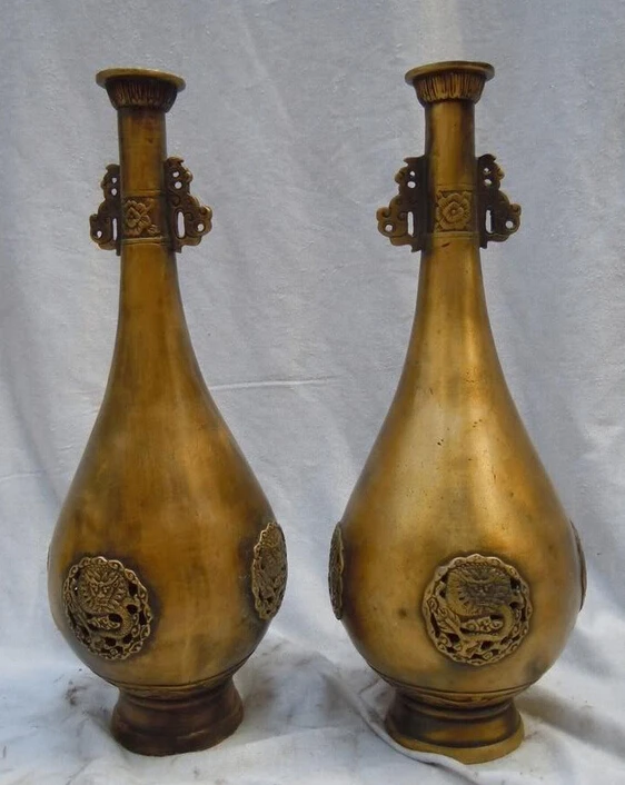 

004208 12" China pure brass carved crane luck four dragon Vases pair Sculpture statue