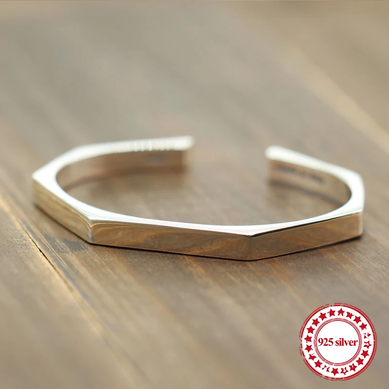 

S925 sterling silver open bracelet vintage hipster with smooth shape couple simple atmosphere jewelry 2018 new Bangles