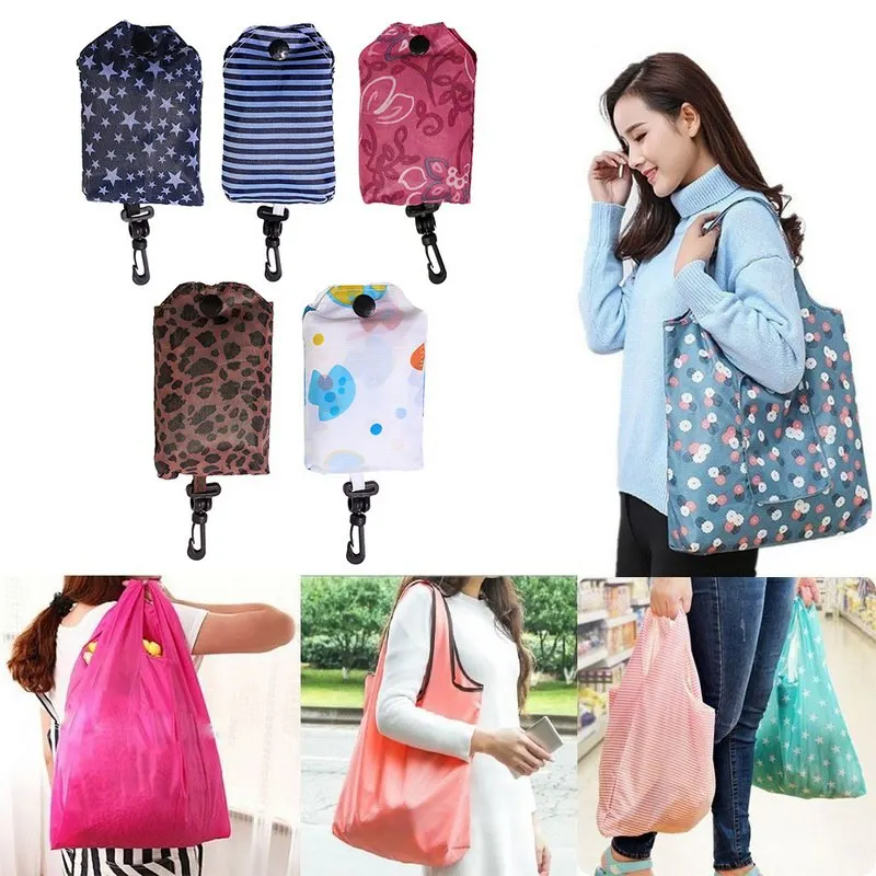 

Random Color Folding Reusable Grocery Bags Cloth Grocery Tote Washable Bags Polyester Foldable Into Attached Pouch 38x58cm