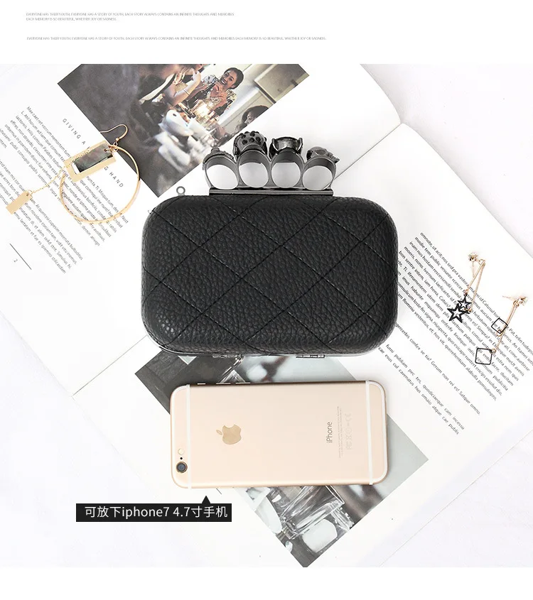 Lichee Pattern PU Women Clutches Bag Purses Knuckle Rings Ladies Leather Evening Bag Party Bride Day Clutch Chain Shoulder Bag