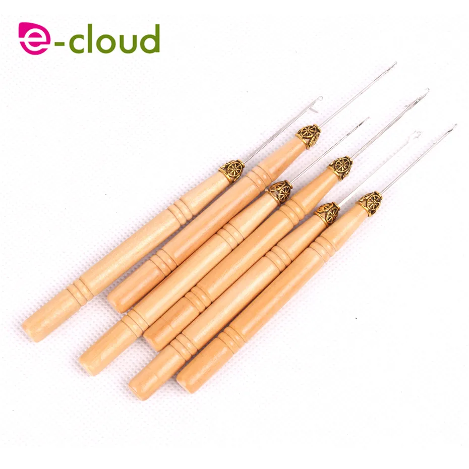 

5pcs/lot wooden hook handle of wig Metallic bead crochet needle and Hair Tools for braids hair extensions