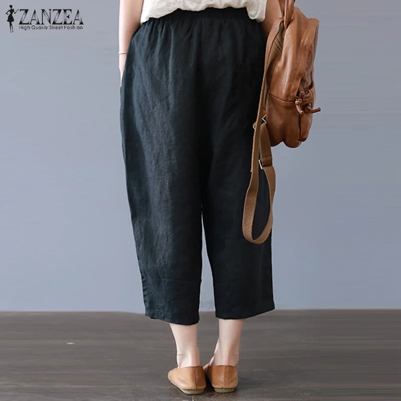 Женские длинные штаны-шаровары с эластичной резинкой на талии размера плюс ZANZEA, однотонные хлопковые льняные свободные штаны, повседневные уличные штаны для работы и офиса