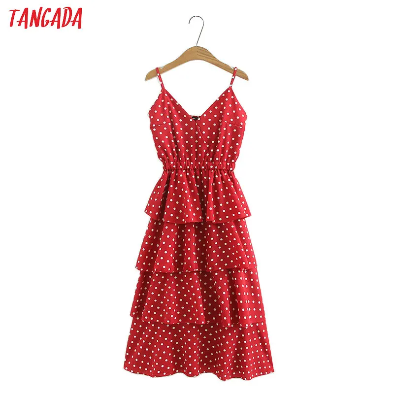 

Tangada fashion women sundress polka dot print dress pleated spaghetti strap vintage ladies ruffles long maxi dresses 1TB20