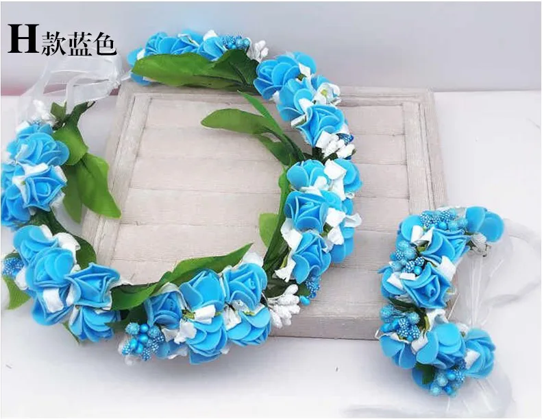 Новинка 2 шт цветок корона девушка свадебные аксессуары для волос для женщин(венок+ браслет - Цвет: blue