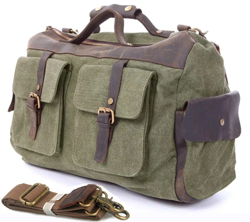  VUNDY Bolso de viaje vintage de lona militar de cuero para  hombre, bolsas de viaje para equipaje de mano, bolsas de lona para hombre,  bolsa grande de fin de semana, Verde 