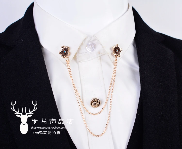 

Metal rhinestone small flower brooch male shirt collar pin buckle banquet suit tassel brooch pin accessories