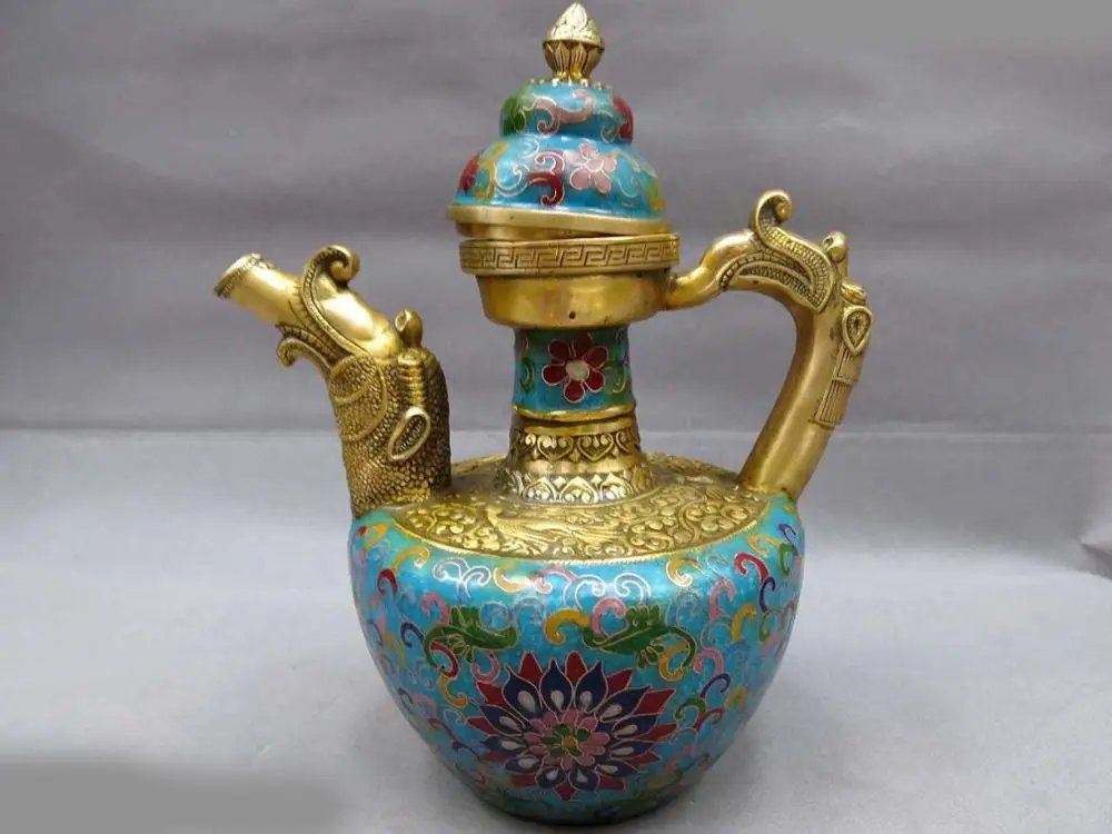 

China bronze gild Cloisonne carved flower blue dragon Teapot sculpture Statue