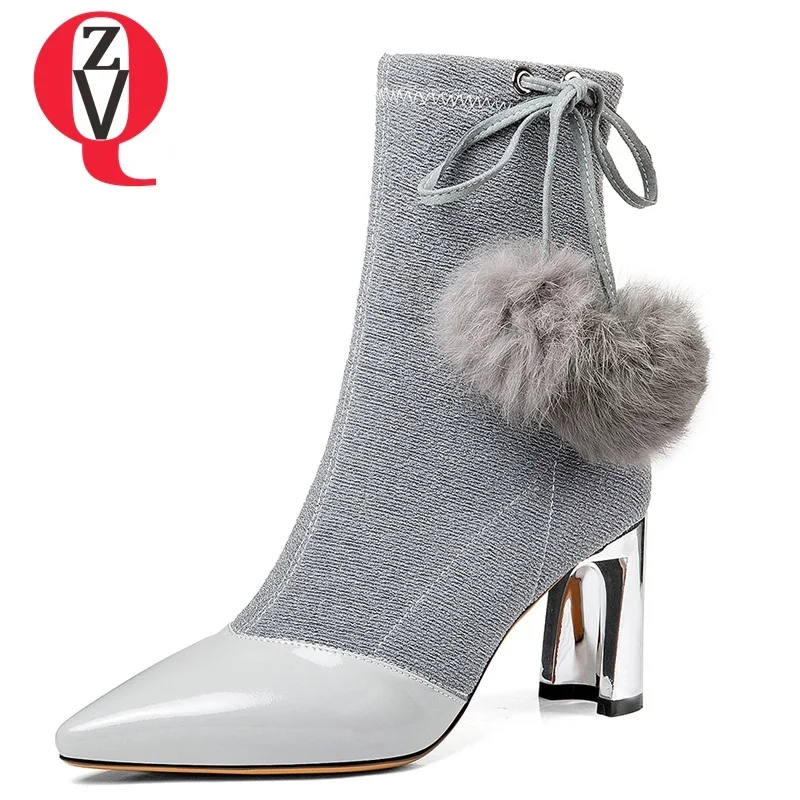 

ZVQ shoes women 2018 winter new genuine leather Martin boots elastic boots pointed toe high hoof heels zip ladies mid calf boots