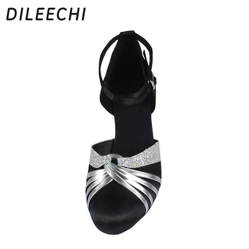 Dileechi серебро PU черные атласные Для женщин Костюмы для латиноамериканских танцев танцевальная обувь Современная танцевальная обувь женские Костюмы для бальных танцев Обувь для танцев